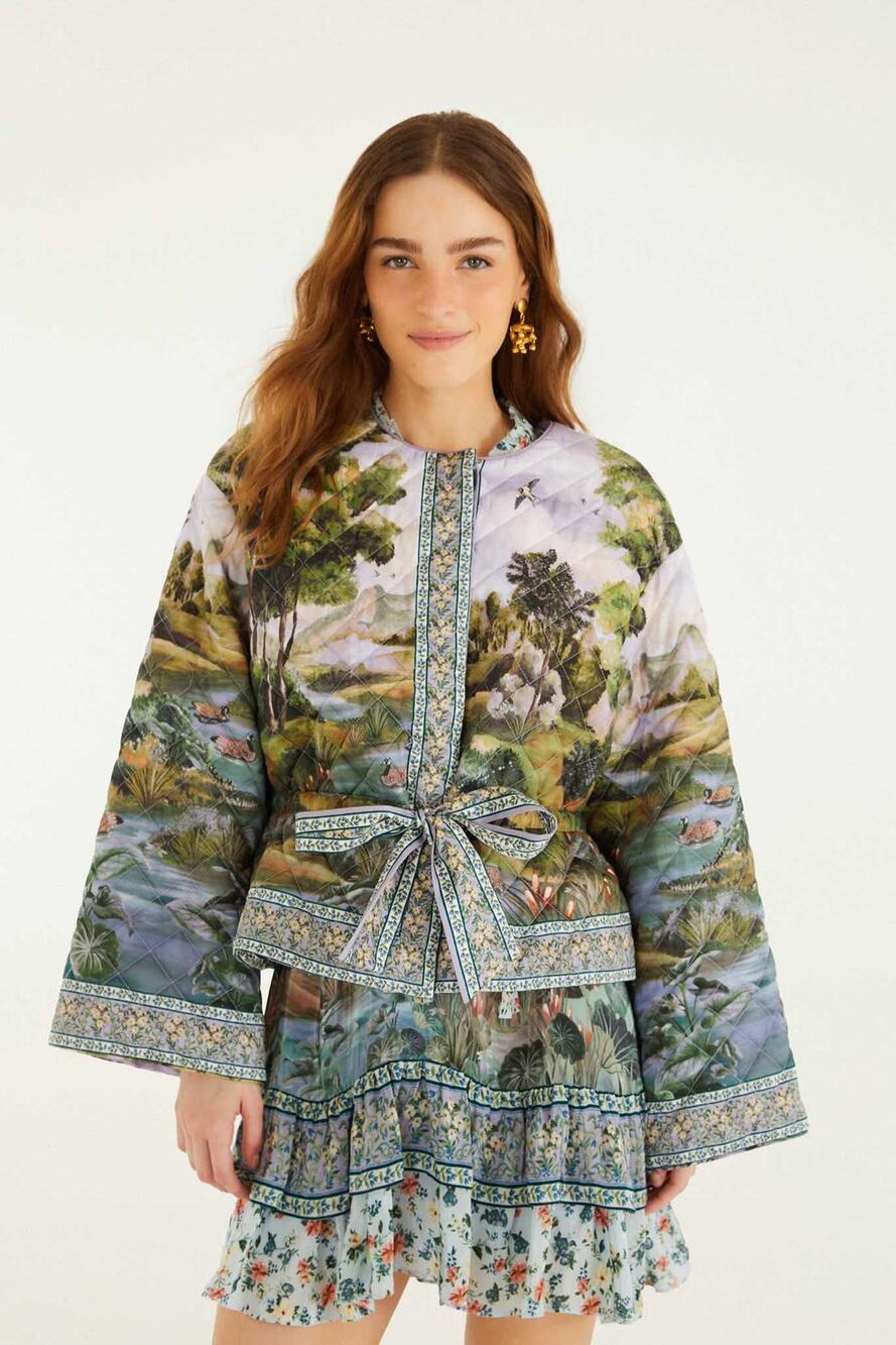 Farm Rio multicolor Countryside Landscape quilted kimono jacket size small